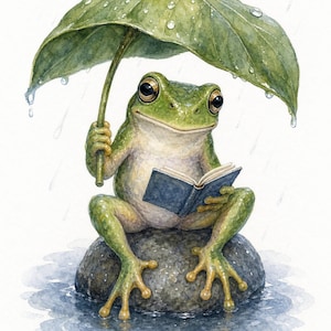 10 The Frog’s Rainy-Day Journeys Watercolor Clipart, Rainy Frog Printable Art