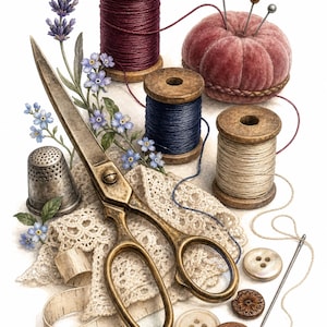 Può includere: Una collezione di articoli da cucito che include forbici in ottone, un ditale in metallo, tre rocchetti di filo in legno color bordeaux, blu navy e beige, un puntaspilli in velluto rosa con spilli, bottoni assortiti, un ago, pizzo e fiori di lavanda.