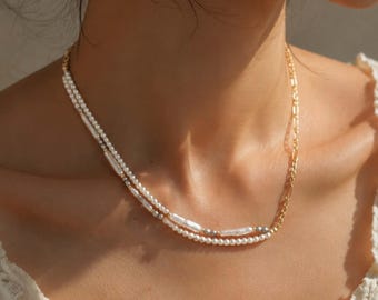 Perlenkette in mehreren Lagen, zierliche goldene Perlenkette, minimalistisches Brautschmuck-Geschenk