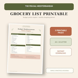 Preiswerte mediterrane Einkaufsliste zum Ausdrucken | Günstige Vorratskammer-Basics | Wöchentliche Einkaufsliste | A4 & US Letter