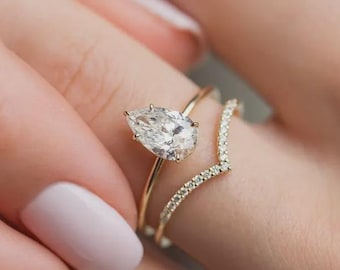 14K Solid Gold Wedding Bridal Ring Set Pear Cut Moissanite Diamond Engagement Ring With Bande Six Prong Solitaire Ring Gift For Her