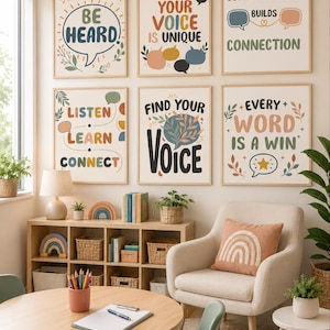 May include: Six framed wall art prints featuring motivational text and speech bubble graphics in muted earth tones. The prints include phrases like Be Brave Be Heard, Your Voice Is Unique, Communication Builds Connection, Listen Learn Connect, Find Your Voice, and Every Word Is A Win.