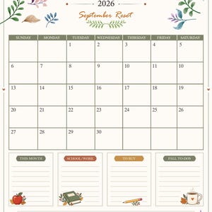 Può includere: Una pagina di calendario mensile per settembre 2026 con una griglia e intestazioni da domenica a sabato. Il design presenta illustrazioni botaniche ad acquerello e sezioni per This Month, School/Work, To Buy, Fall To-Dos e Highlights.