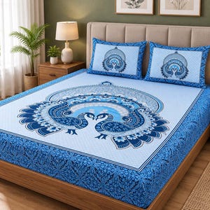 Könnte beinhalten: Ein hellblaues Bettlaken-Set mit einem großen zentralen Pfauenmotiv in Dunkelblau und Weiß. Das Set enthält zwei passende Kissenbezüge mit einem kleineren Pfauendesign sowie eine dunkelblau gemusterte Bordüre an den Rändern des Bettes.