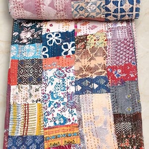 Boho Patchwork Kantha Quilt, Handmade Indian Bedspread, Cotton Throw Blanket, Reversible Bedding, Cottagecore Home Decor, Queen Size Quilt
