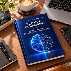May include: A dark blue hardcover book titled The Art of Prompt Engineering: Master AI Prompts, Get Better Results & Work Smarter. The cover features a glowing blue brain graphic with a digital circuit pattern on one side.