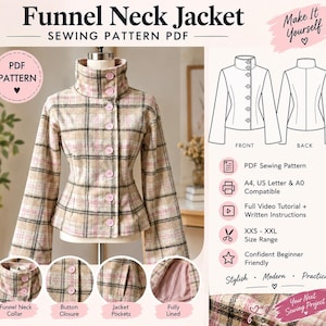 Könnte beinhalten: Ein PDF-Schnittmuster für eine Jacke mit Trichterkragen aus beigem, rosafarbenem und schwarzem Karostoff. Die Jacke hat einen Knopfverschluss, lange Ärmel und eine taillierte Passform. Das Bild enthält technische Zeichnungen der Vorder- und Rückansicht.