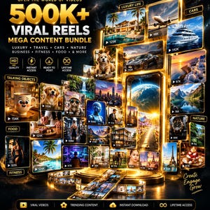 Może przedstawiać: Reklama pakietu treści cyfrowych zatytułowana 500K+ VIRAL REELS MEGA CONTENT BUNDLE. Grafika przedstawia świecący złoty smartfon otoczony licznymi małymi miniaturami wideo przedstawiającymi tematykę luksusu, podróży, natury i jedzenia.