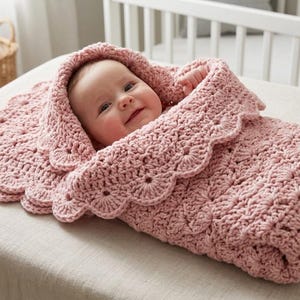Op de afbeelding: Een baby gewikkeld in een oudroze gehaakte deken met een capuchon met een geschulpte rand. De deken is voorzien van een gestructureerd, herhalend schelpenpatroon dat een zachte en knusse bedekking vormt rondom het gezicht van de baby.