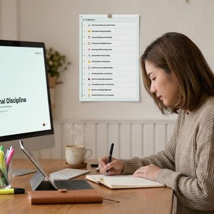 May include: A computer monitor displaying a Professional Discipline dashboard with icons, a tablet, a cup, a pen, and a notebook on a wooden desk. Two printed documents are attached to the wall, one titled 12-Week Plan and the other My Professional Discipline Module Guide.