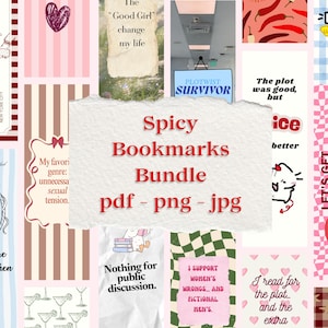 Puede incluir: Una colección digital de marcapáginas con varios diseños, incluyendo textos como Smut Club, Plotwist Survivor y Spicy Bookmarks Bundle. Los gráficos incluyen patrones como rayas, cuadros, corazones e ilustraciones de gatos y cócteles.