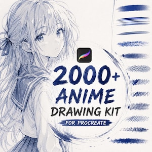 May include: A digital drawing kit for Procreate featuring a blue-toned anime-style illustration of a character with long hair and a school uniform. The text reads 2000+ ANIME DRAWING KIT FOR PROCREATE, accompanied by various blue brush stroke samples.