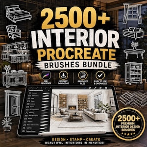 Könnte beinhalten: Ein digitales Produktpaket mit dem Titel 2500+ Interior Procreate Brushes Bundle, das weiße Strichzeichnungen von Möbeln und Wohnkultur zeigt. Ein Tablet zeigt eine Design-Oberfläche mit einem Pinselmenü und einem Wohnzimmer.