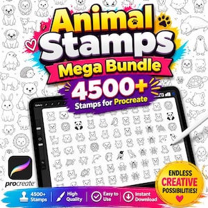 Könnte beinhalten: Eine digitale Produktanzeige für Animal Stamps Mega Bundle mit 4500+ Stempeln für Procreate. Das Bild zeigt einen Tablet-Bildschirm mit einem Raster aus schwarz-weißen Tierillustrationen, einem Eingabestift und Textüberlagerungen 4500+ Stamps for Procreate.