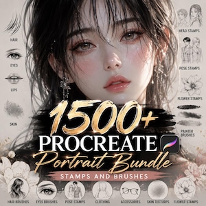 May include: A digital art resource bundle titled 1500+ Procreate Portrait Bundle Stamps and Brushes. The graphic features a central portrait of a person surrounded by icons for hair, eyes, lips, skin, head stamps, pose stamps, flower stamps, and painter brushes.