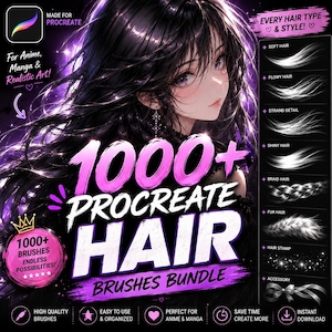 Könnte beinhalten: Ein digitales Pinselset für Procreate mit über 1000 Haar-Pinseln. Die Grafik zeigt eine Anime-Figur mit langem schwarzem Haar, violetter Beleuchtung und eine Seitenleiste mit Pinselstrichen für weiches, fließendes, glänzendes und geflochtenes Haar.