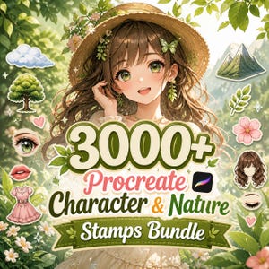 Op de afbeelding: Een digitale illustratie van een personage met een strooien hoed, omringd door diverse stickers met een natuurthema, waaronder bomen, wolken, bergen en bloemen. De tekst luidt 3000+ Procreate Character & Nature Stamps Bundle.
