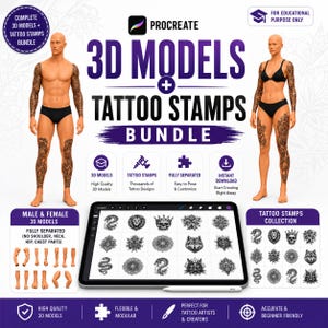 Male & Female Procreate 3D Models + Tattoo Stamps Bundle | Anatomy Reference Pack for Tattoo Artists, Character Design and Digital Art