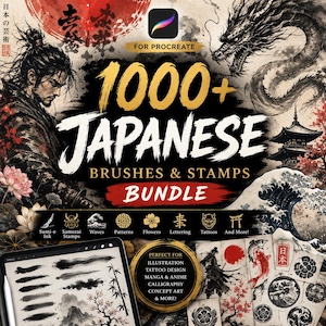 Peut inclure: Un ensemble numérique pour Procreate comprenant plus de 1000 pinceaux et tampons sur le thème japonais. L'image montre un samouraï, un dragon, une pagode et des vagues, avec le texte 1000+ JAPANESE BRUSHES & STAMPS BUNDLE et diverses icônes.