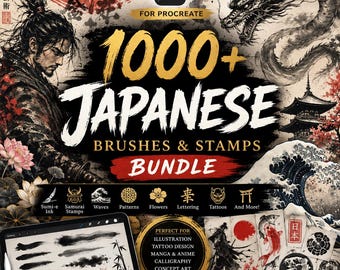 Paquete de más de 1000 pinceles japoneses para Procreate / Pinceles de samurái, tinta sumi-e, tatuajes, olas y sellos para Procreate