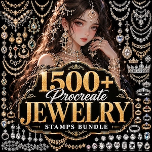 Può includere: Una collezione digitale di oltre 1500 timbri di gioielli per Procreate con varie collane, orecchini, anelli e diademi in oro e argento decorati con gemme chiare e colorate, disposti attorno a un'etichetta nera con testo dorato.