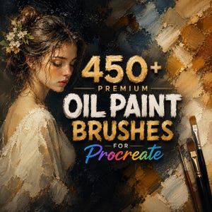 Puede incluir: Un gráfico digital que presenta un retrato al óleo de una persona con flores en el cabello, junto a tres pinceles. El texto dice 450+ PREMIUM OIL PAINT BRUSHES FOR Procreate en letras doradas, blancas y azules.
