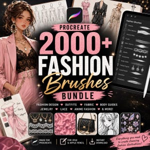 Puede incluir: Un paquete digital para Procreate con más de 2000 pinceles de moda, incluyendo herramientas para dibujar vestidos, texturas de tela, encaje, joyas y guías corporales. La imagen muestra un personaje ilustrado, bocetos de moda y una interfaz de tableta.