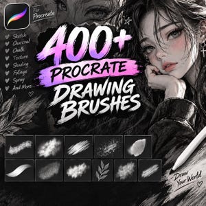 Puede incluir: Una colección digital de más de 400 pinceles de dibujo para Procreate con una variedad de texturas de trazo que incluyen boceto, carbón, tiza, textura, sombreado, follaje y spray. El gráfico incluye una ilustración estilo anime y texto.