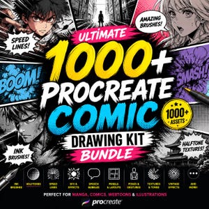 Könnte beinhalten: Ein digitales Zeichen-Set für Procreate mit über 1000 Elementen, darunter Tuschepinsel, Speedlines, Rastertexturen, Sprechblasen, Panels und Posen. Die Grafik zeigt Manga-Illustrationen und einen auffälligen, großformatigen Text.