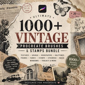 Könnte beinhalten: Ein digitales Set mit über 1000 Vintage-Procreate-Pinseln und Stempeln, bestehend aus Zeitungsausschnitten, einer Schmetterlingsillustration, Blumenskizzen, einem Bilderrahmen und dem Text Ultimate 1000+ Vintage Procreate Brushes & Stamps Bundle.