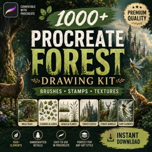May include: A digital drawing kit for Procreate featuring over 1000 elements including forest-themed brushes, stamps, and textures. The graphic displays a deer, a castle, and fairy illustrations with text labels for mega trees, flowers, leaves, grass, plants, forest castle, forest animals, and fairy elements.