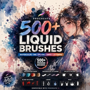 Op de afbeelding: Een digitale kunst-assetcollectie getiteld 500+ Liquid Brushes voor Procreate, met een aquarel-stijl illustratie van een persoon met donker haar. De tekst bevat categorieën zoals Watercolor Wash, Ink, Splash, Drips en Lettering.
