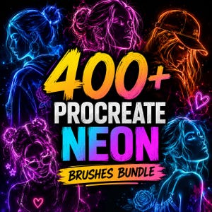 May include: A digital graphic featuring the text 400+ PROCREATE NEON BRUSHES BUNDLE in vibrant yellow, white, and pink neon lettering. The background displays four stylized illustrations of individuals in blue, pink, and orange neon outlines.