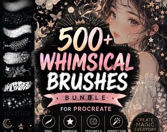 Könnte beinhalten: Ein digitales Pinselset für Procreate mit über 500 Pinseln, Texturen und Mustern. Die Grafik zeigt eine Figur im Anime-Stil, Schmetterlinge, Sterne und Monde sowie den Text 500+ WHIMSICAL BRUSHES BUNDLE FOR PROCREATE.