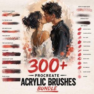 May include: A digital art set titled 300+ Procreate Acrylic Brushes Bundle featuring a central illustration of a couple kissing. The image displays various brush stroke samples labeled with names like Acrylic Gold Streak and Airbrush Mist.