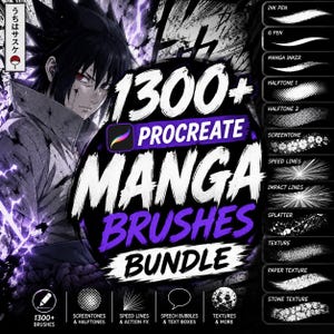 Può includere: Un pacchetto di risorse per arte digitale con oltre 1300 pennelli manga per Procreate. La grafica mostra un personaggio con capelli scuri e occhi rossi, insieme a un elenco di tipi di pennelli tra cui penne a inchiostro, mezzitoni e texture.