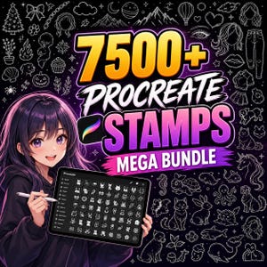 Könnte beinhalten: Eine digitale Illustration mit einer Anime-Figur, die ein Tablet mit einer Procreate-Oberfläche und zahlreichen Stempel-Symbolen hält. Der Text lautet 7500+ PROCREATE STAMPS MEGA BUNDLE, umgeben von verschiedenen weißen Strichzeichnungen auf schwarzem Hintergrund.