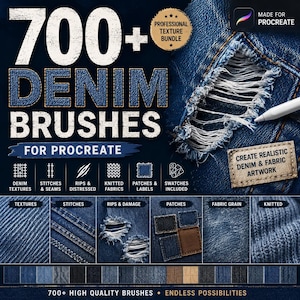 May include: A digital product bundle featuring 700+ denim brushes for Procreate. The image displays various denim textures, stitches, seams, rips, distressed fabric, knitted patterns, patches, and labels, with text overlays detailing the contents.