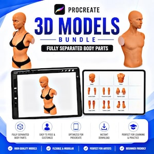 Paquete de modelos 3D masculinos y femeninos para Procreate / Paquete de partes del cuerpo con anatomía completamente separada para diseño de tatuajes, arte de personajes y referencia de poses.