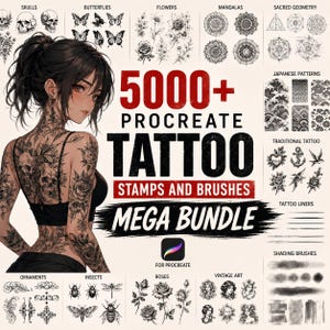 Op de afbeelding: Een digitale collectie getiteld 5000+ Procreate Tattoo Stamps and Brushes Mega Bundle. De afbeelding toont een persoon met uitgebreide zwarte inkt tatoeages op de rug en armen, omringd door grafische categorieën zoals schedels, vlinders, bloemen, mandala's, heilige geometrie, Japanse patronen, traditionele tatoeages, ornamenten, insecten, rozen en vintage kunst.