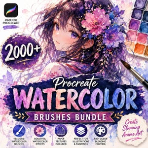 May include: A digital product bundle for Procreate featuring an anime-style illustration of a person with purple hair and floral accessories. The text reads 2000+ Procreate Watercolor Brushes Bundle, with icons for brushes, textures, and color blending.