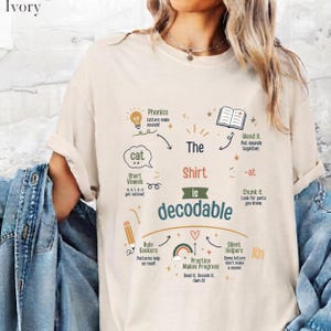 May include: An ivory t-shirt featuring a multi-colored educational graphic with the text The Shirt is decodable, surrounded by illustrations of a lightbulb, an open book, a pencil, a rainbow, and various phonics-related instructional notes.