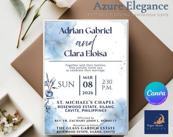 Puede incluir: Una tarjeta de invitación de boda rectangular con un fondo de acuarela azul y texto en azul oscuro. La tarjeta muestra los nombres Adrian Gabriel y Clara Eloisa, la fecha 8 de marzo de 2026 y los detalles del lugar para St. Michael's Chapel.