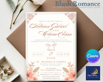 Puede incluir: Una tarjeta de invitación de boda rectangular con ilustraciones florales de color rosa rubor en la parte inferior y adornos en las esquinas. El texto dice Blush Romance Editable Wedding Invitation Suite, Adrian Gabriel y Clara Eloisa, 8 de marzo de 2026, St. Michael's Chapel y The Glass Garden Estate.