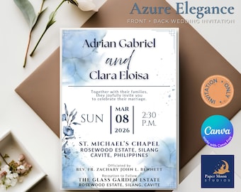Puede incluir: Una tarjeta de invitación de boda con fondo de acuarela azul, texto en azul oscuro y detalles florales. El texto dice Adrian Gabriel y Clara Eloisa, con los detalles del evento para el 8 de marzo de 2026 en St. Michael's Chapel y The Glass Garden Estate.