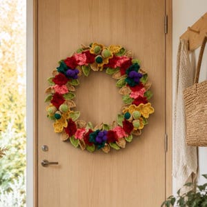 Fall Christmas Wreath for Front Door Crochet Pattern PDF, Autumn Leaves Grapes Wreath, Christmas Decor, Boho Wall Hanging, Instant Download