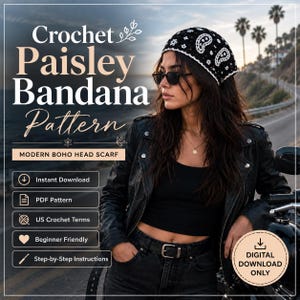 Pode incluir: Uma bandana de crochê preta e branca com um padrão paisley detalhado. O texto na imagem diz Crochet Paisley Bandana Pattern, Modern Boho Head Scarf, Instant Download, PDF Pattern, US Crochet Terms, Beginner Friendly, Step-by-Step Instructions e Digital Download Only.