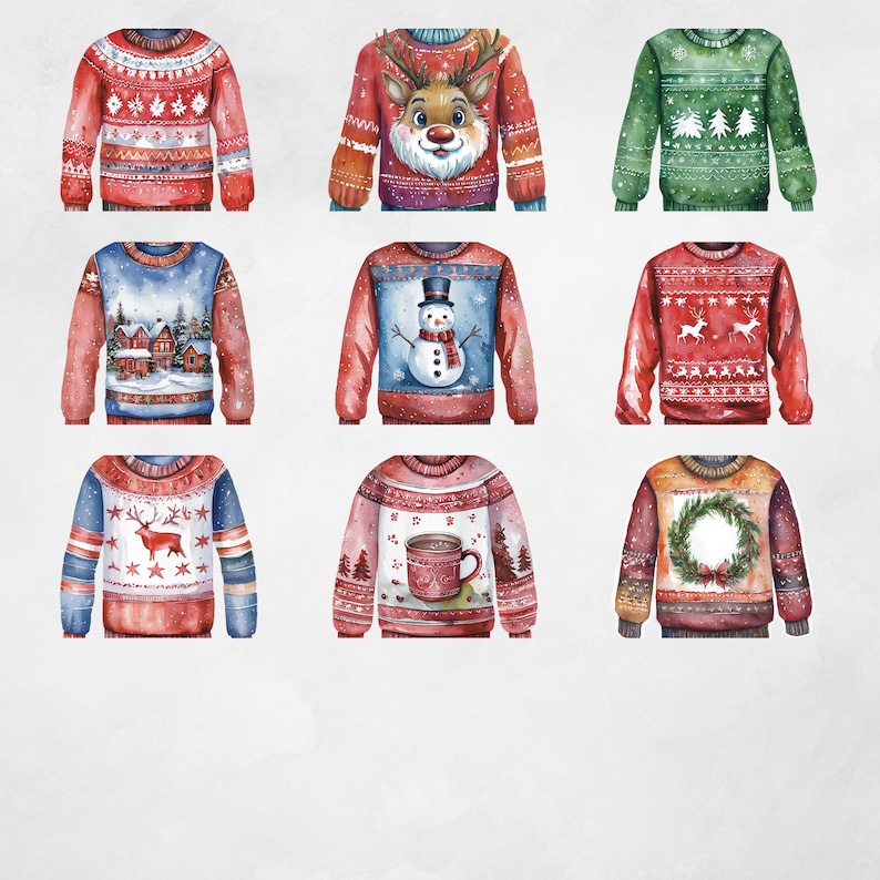 Christmas Ugly Sweater Clipart Watercolor Holiday PNG Bundle Festive christmas-ugly-sweater-clipart-watercolor-holiday-png-bundle-festive