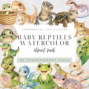Peut inclure: Une collection numérique d'illustrations à l'aquarelle représentant divers bébés reptiles, dont des lézards, des tortues, une grenouille et un serpent. Le texte indique COMMERCIAL USE CLIPART BABY REPTILES WATERCOLOR clipart pack 30 TRANSPARENT PNGS.