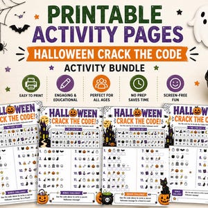 May include: A printable Halloween activity bundle featuring four pages of Crack the Code puzzles. Each page includes a code key with icons for letters, twelve numbered word puzzles, and a bonus challenge. The design includes pumpkins, ghosts, and bats.